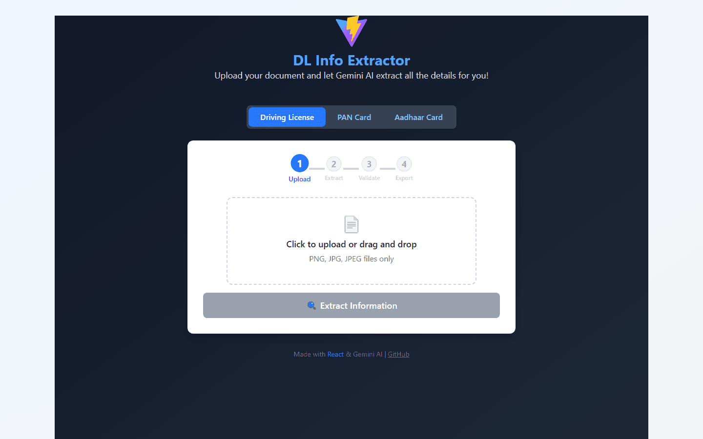 SmartDoc Extractor upload screen with Driving License, PAN Card and Aadhaar Card tabs and a four-step progress indicator